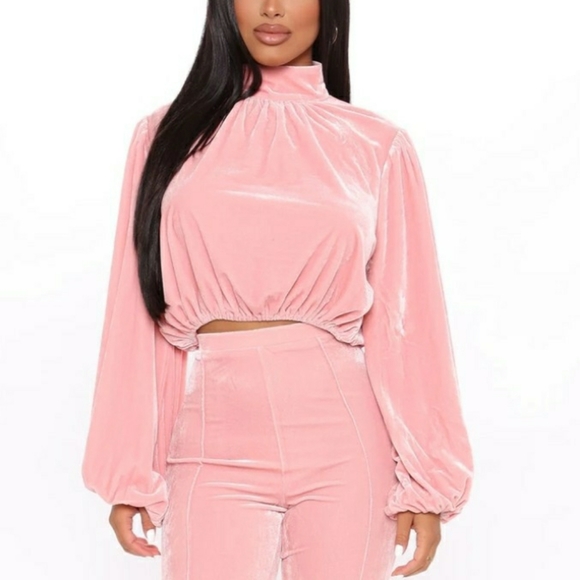 Fashion Nova Tops - [Fashion Nova] Pink velvet puffy sleeve crop top.